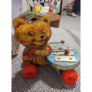 Fisher Price Teddy Bear Pull Toy #741 Great Shape For Its Age!! 1966 Vintage Toy